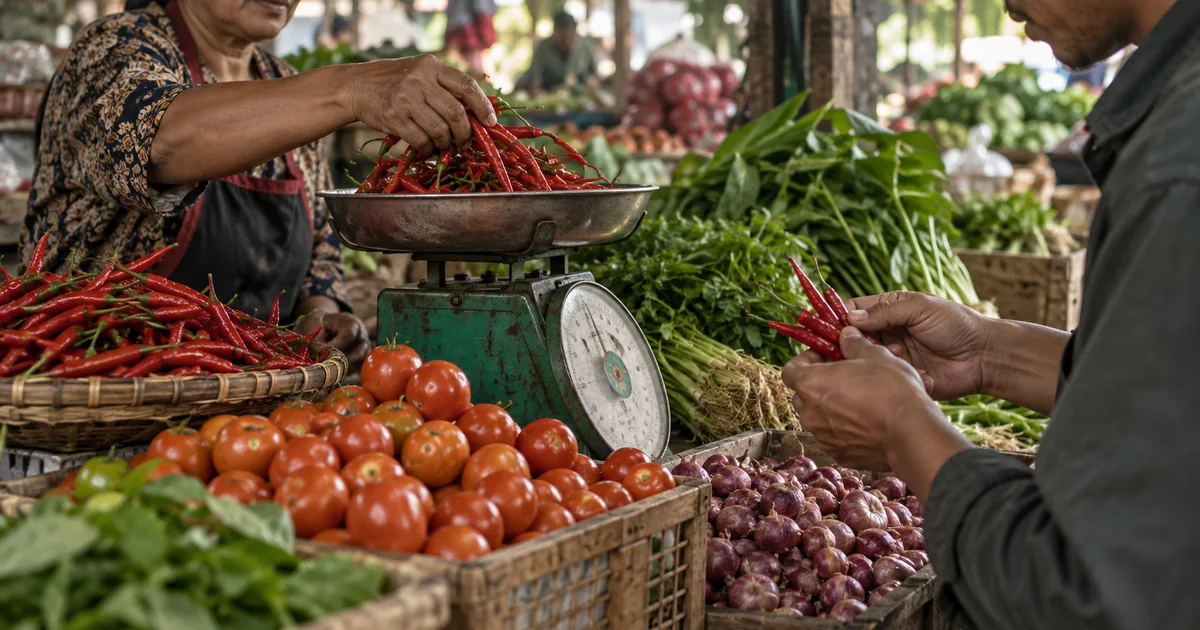 Pembeli memeriksa cabai dan sayuran di pasar grosir